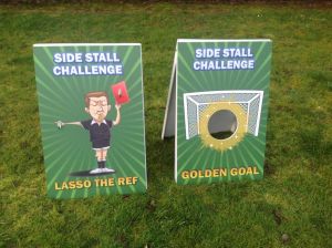 Lasso The Ref and Golden Goal are both football themed side stall games set up for an event.